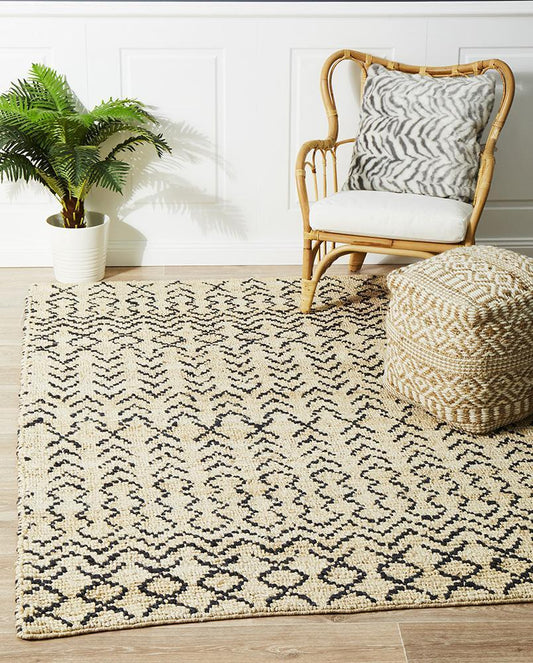 Carnarvon Flax Beige and Black Jute Rug